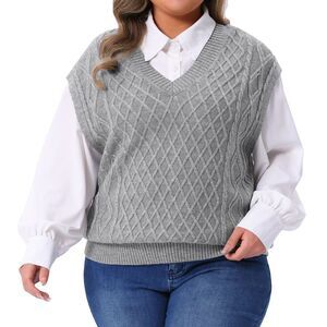 Plus Size Vest V Neck Sleeveless Knit Ribbed Pullover Sweaters Gray